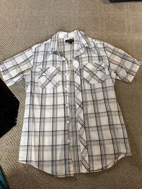 Men's White Plaid Short-Sleeve Button-Up Shirt Vintage 100% Cotton
